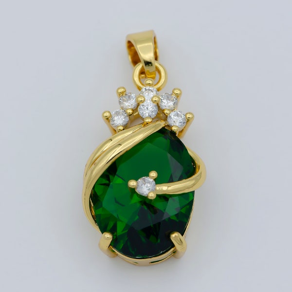 Pear Shape Emerald Pendant 24K Yellow Gold Filled Charm Necklace Green Emerald Necklace For Ladies, Layering May Birthstone Jewelery