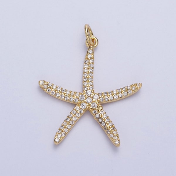 24K Gold Filled Thin Starfish Micro Pave CZ Clear Stone Pendant, Minimalistic Animal Star Fish Dainty Crystal Cz Charm | X-195