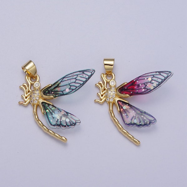 Gold CZ Blue & Fuchsia Fairy Dragon fly Wings Pendant, 24K Gold Filled Micro Paved CZ Resin Beautiful Sparkly Insect Wings Charm