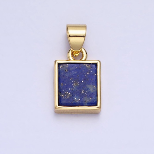 Blue lapis azuli square charm 17.7x9.7mm gemstone pendant in 24k gold filled bezel aa179