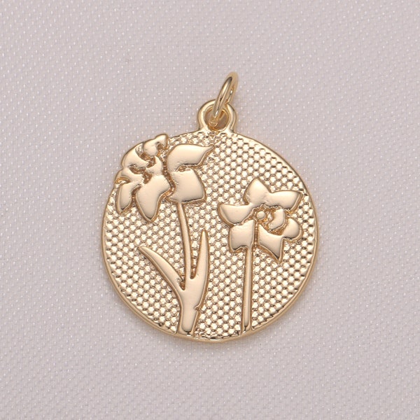 Lily Flower Charm- Gold plated over Brass Dainty Floral Medallion Charm Coin Disc Round Pendant for Minimalist Jewelry Supply GP941