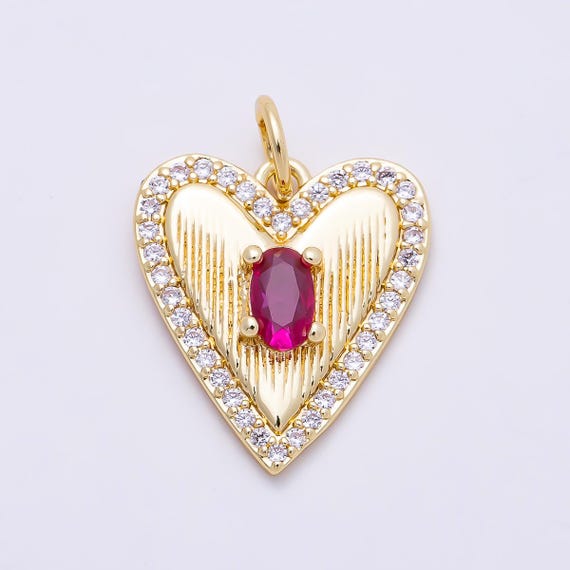 Heart Charm - Simple Gold Cubic Heart, Fuchsia CZ Heart Charm Love Inspired, Gold Heart Love Pendant For DIY jewelry CHARMS-1272