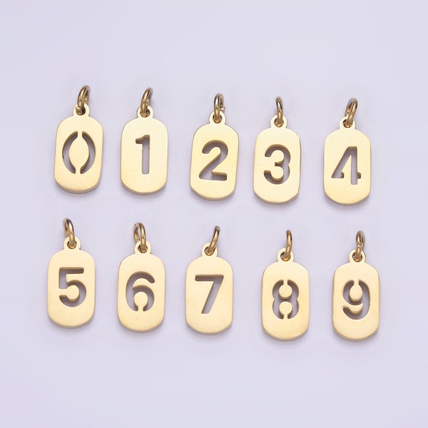 Laser Cut Gold Stainless Steel Number 0-9 Open Script Mini Military Tag Add-On Charm for Necklace Bracelet Lucky Number | P591 - P601