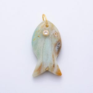 18k Gold Filled 38.8mm Big Gemstone Fish Pendant Natural Stone CZ Charm for Necklace Bracelet Jewelry Making DIY Supply | D265 Light Amazonite