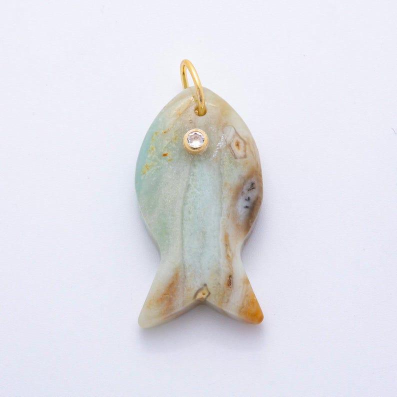 18k Gold Filled 38.8mm Big Gemstone Fish Pendant Natural Stone CZ Charm for Necklace Bracelet Jewelry Making DIY Supply | D265 Light Amazonite