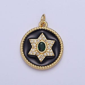 Gold Davidstern Münze Medaillon Anhänger, 14k gp klar smaragdgrün mikro gepflastert cz schwarzen Emaille Croissant Twist jüdischen Charme | x-725