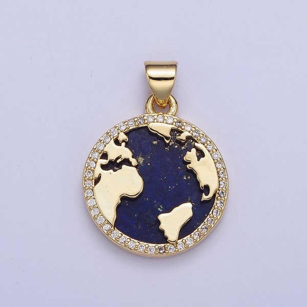 Gold Blue Lapiz World Map Coin Medallion Pendant, 24K Gold Filled Round Micro Pave CZ Globe Charm For Jewelry Making | X-426