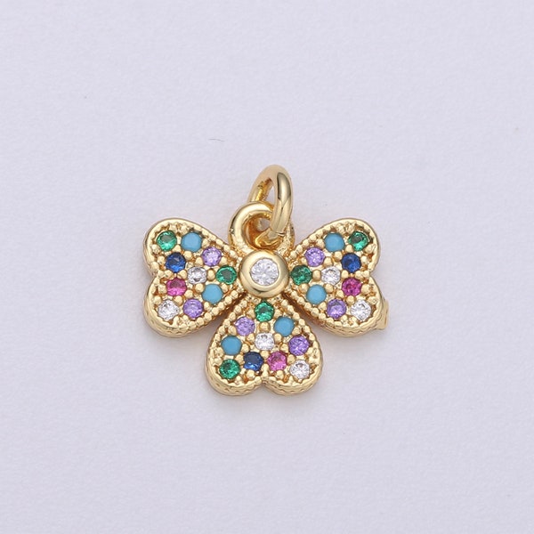 14k Gold Bow Charm Micro Pave Ribbon Charm, Rainbow Cubic Charms, CZ Gold Colorful Charm, Dainty Minimalist Jewelry Supply