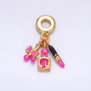 24 gold filled pink lipstick parfume charm fashion girly rondelle bail drop pendant bracelet | w332