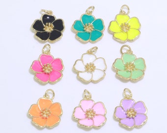 Dainty Hibiscus Charm Tropical Flower Gold Filled Enamel Charm Hawaiian Inspired Jewelry Pendant for Necklace Bracelet Earring Makings M-499