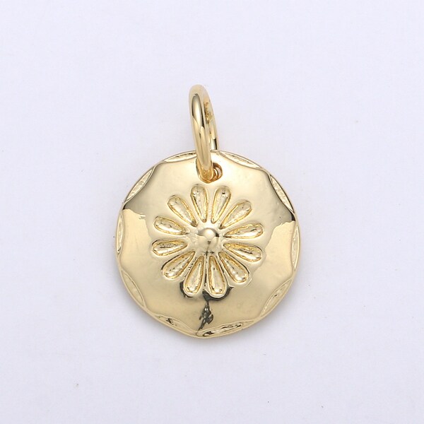 1pc Flower embossed in Round Coin 24K Gold   Charm, Daisy Monogram Pendant, Dahlia Stamp  Charm For DIY Jewelry, CHGF-2037