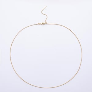 Könnte beinhalten: Eine zarte, goldfarbene Halskette mit feiner Kette. Die Halskette hat eine verstellbare Länge, mit einem Verschluss und einer kleinen Kettenverlängerung. Der Schmuck wird auf weißem Hintergrund präsentiert.