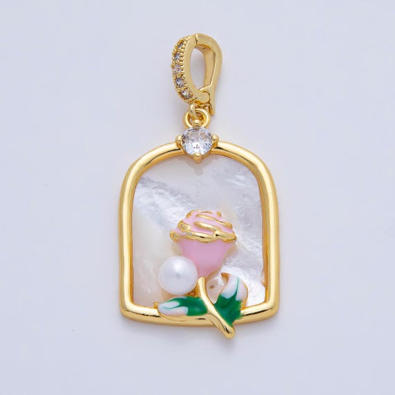 18K Gold Filled 31mm Pink Blooming Rose Flower White Shell Pearl Window Frame Pendant Charm DIY Jewelry Supply Custom Necklace | AF1196