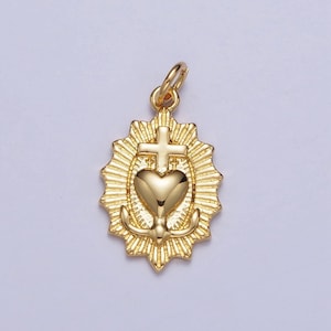 Gold dainty sacred heart of jesus charm, gold religious sunburst textured design charm, the sacred heart of jesus pendant |ag127