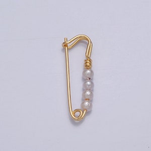 24K Gold Filled Over Brass Safety Pin Pendant with 4 Pearls 23x8mm L-746