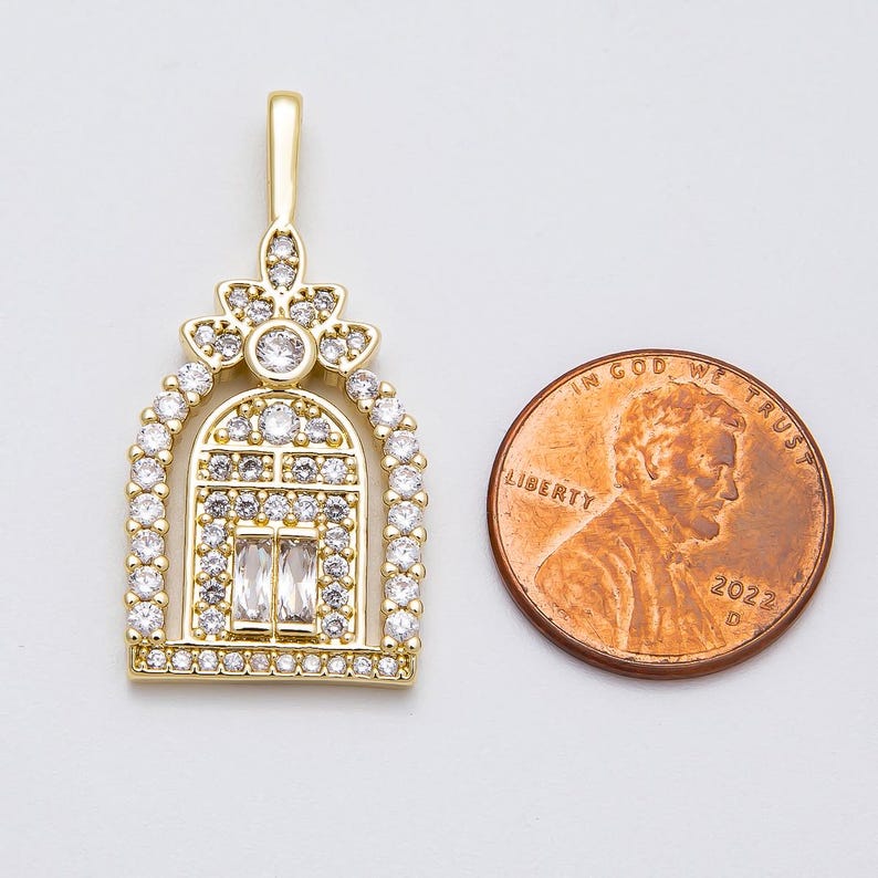 Window Pendant 16k Gold Filled 34.1mm Arched Window Pendant Micro Paved CZ Cathedral ...