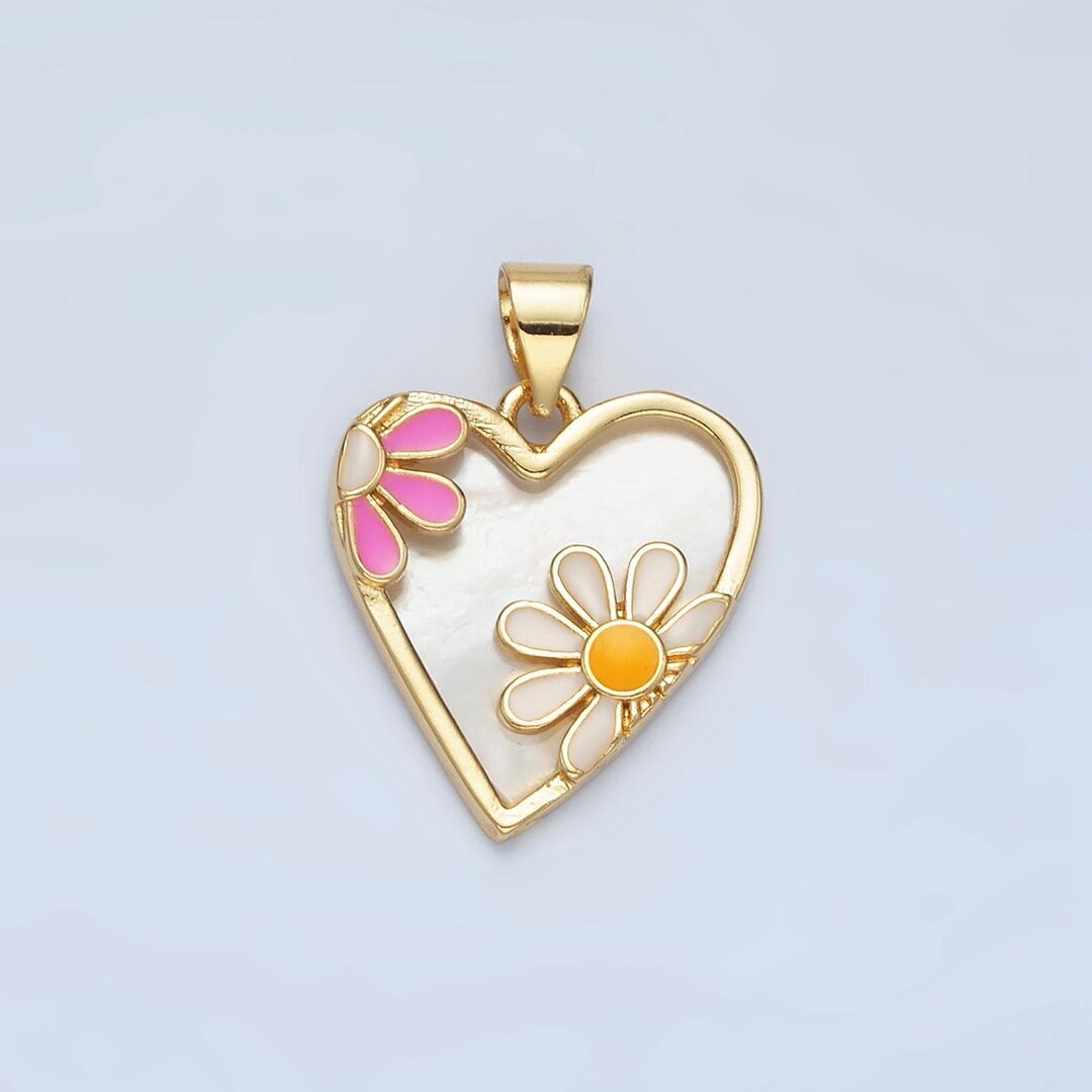 Dainty Pearl Heart Daisy Charm Gold Heart Charm Flower Enamel