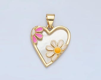 May include: A gold heart-shaped pendant with a white mother-of-pearl center and two enamel daisies, one pink and one white with a yellow center.