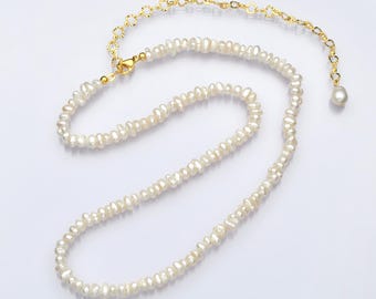 Tiny Rice Pearl Strand Necklace, Freshwater Pearl Necklace Gold Minimalist Necklace, Dainty Pearl Choker Necklace 14.5 inch + 3" xtender