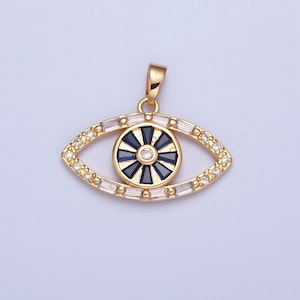16K Gold Evil Eye Blue Baguette Stones Pendant, Micro Pave CZ Evil Eye Charm for DIY Add on Bracelet Earring Minimalist Necklace | H-014