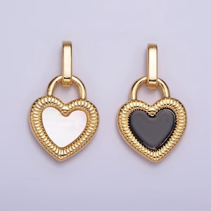 24k gold filled double sided shell pearl onyx line-textured heart lock pendant | aa601