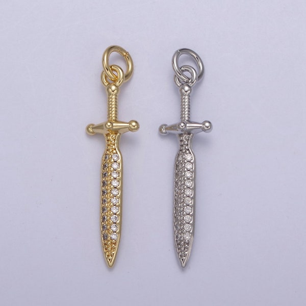 Dainty Sword Pendant in Gold/Silver Small Gladius Dagger Amulet CZ Pave | DIY Fashion Charm Add on Necklace Bracelet | N-781 N-782