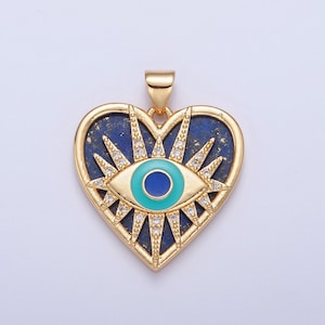 24K Gold Filled Evil Eye Blue Heart Sunburst Pendant, Micro Pave CZ Beads Evil Eye Heart Charm, Cubic Gold Sunburst Heart Jewelry | H-687