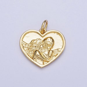 Ciondolo con angelo cherubino a cuore in oro, ciondolo con angelo custode placcato in oro 24K che bacia angeli cupido / X-729