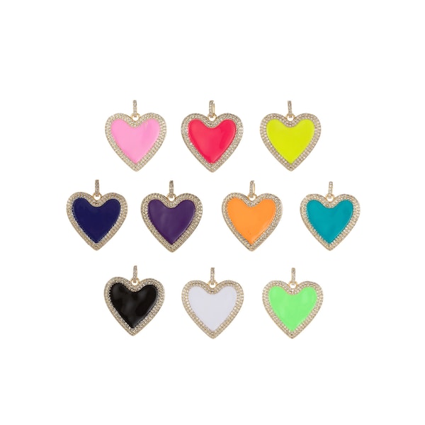 Micro Pave Neon Heart Charm Enamel Heart Pendant for Necklace Earring Charm Component in 14K Gold Filled over Brass Red White Yellow Pink