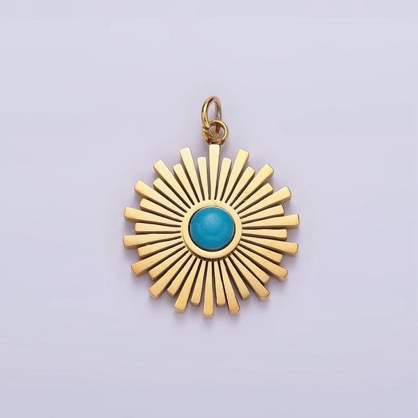 Stainless Steel Turquoise Round Sunburst Bar Celestial Sun Round Charm | P650