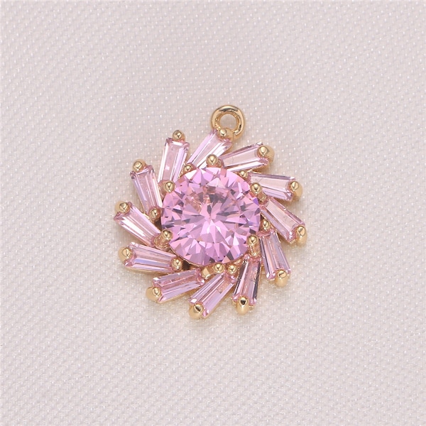 Dainty Cute Sun Pink Cubic Zirconia Gold Plated Pave CZ Charm Pendant Celestial Sun RAy Charm bracelet necklace earring supply, 939