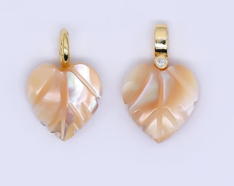 Fall Inspired 24k gold filled 18mm shell pearl heart nature monstera leaf pendant Champagne Pearl Mauve Charm | AF-555