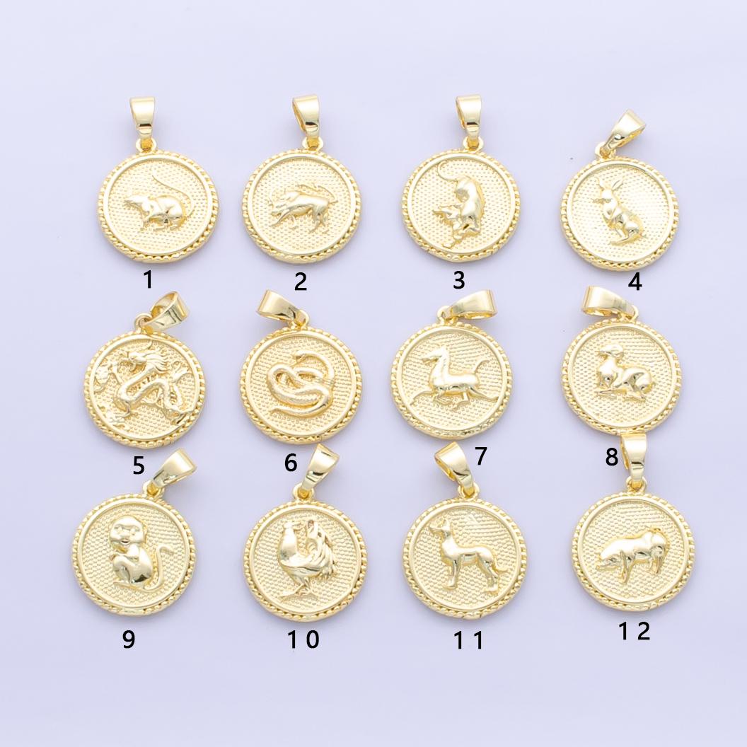 Dainty 24k Gold Filled Chinese Zodiac Charm 12 animal round coin Medallion Pendant for Bracelet Necklace Component Oriental Asian | A1319
