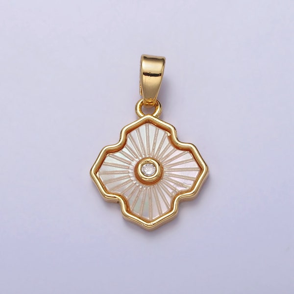 14k Gold Filled Flower White Shell Pearl Antique Artisan Quatrefoil Pendant Flower charm Minimalist Lucky Jewelry  | AA105