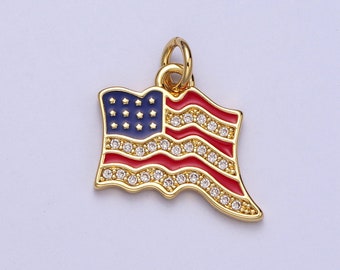 Cubic Gold American flag charm with enamel, UNITED STATES Patriotic Vote Presidential 4th Of July Inspired Necklace Bracelet Earring e443