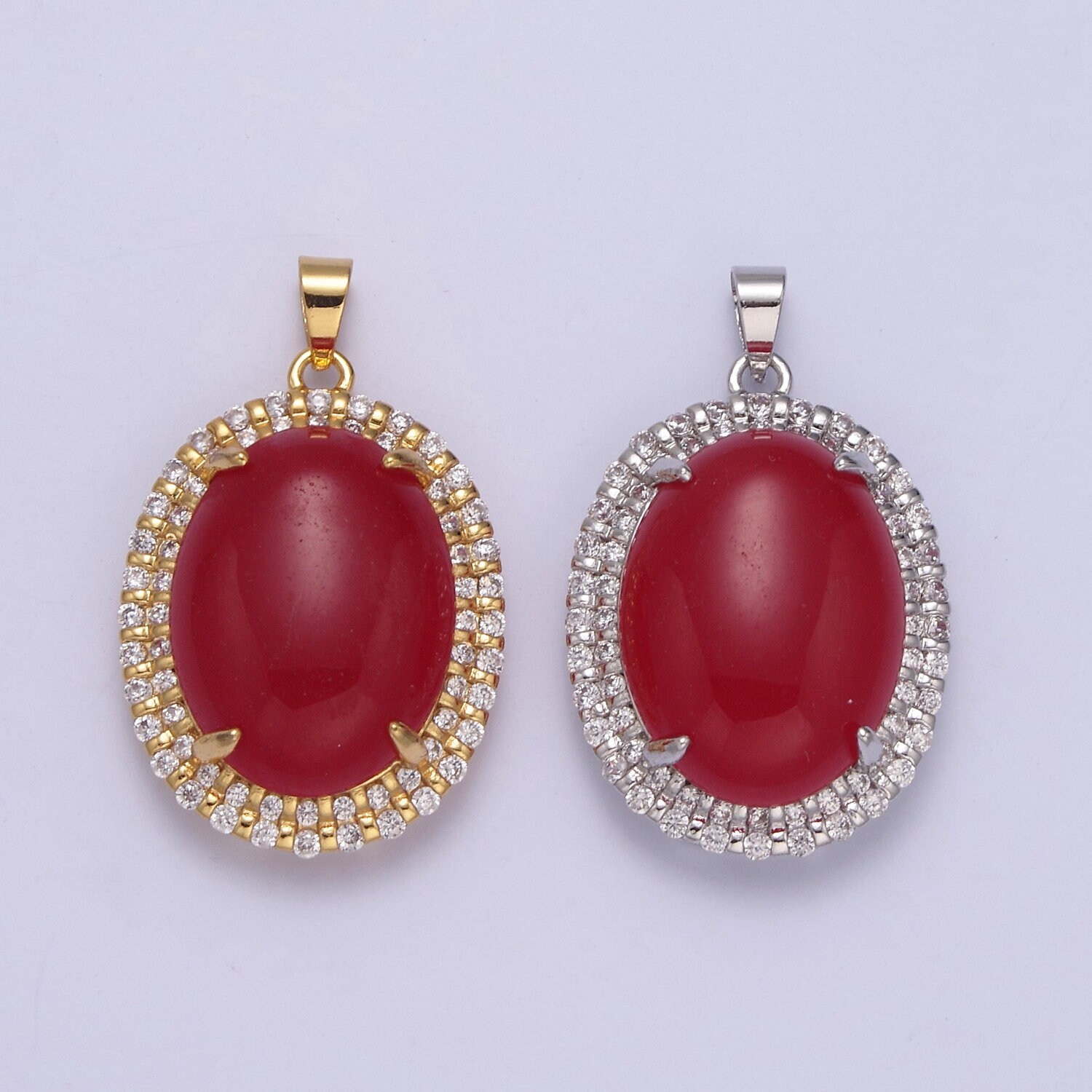 Genuine Red Oval Shaped With Clear Cubic Zircon Jade Pendant