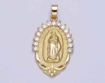 Our Lady of Guadalupe CZ Pendant, 24K Gold Plated Virgin Mary Lady of Lourdes Catholic Bijoux Sunburst Clear Micro Pave CZ Charm | X-522