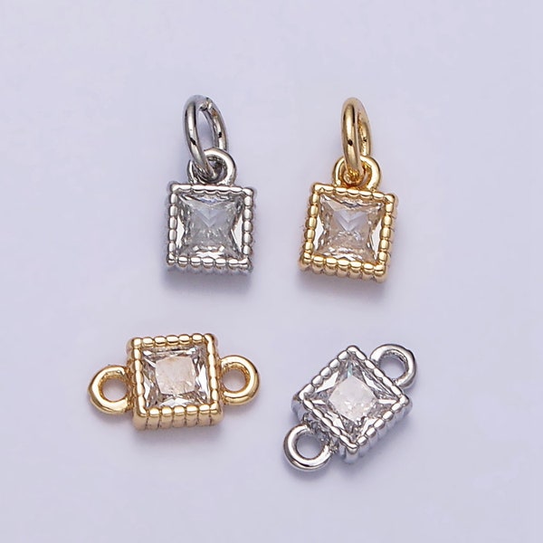 Mini Square Charm 16K Gold Filled 4mm Clear Square CZ Dotted Bezel Link Connector Connector in Gold & Silver | AA1082 AA1083
