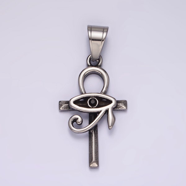 Silver Ancient Egyptian Ankh Cross with Minimalist Simple Eye of Ra Pendant for Necklace Component | P-1178