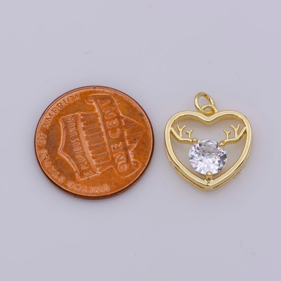 Mini Gold Heart Charm Gold Filled CZ Stone Raindeer Pendant Minimalist Jewelry for Bracelet Earring Necklace Component