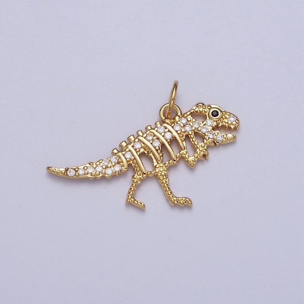 Gold CZ Dinosaur Skeleton Pendant, 24K Gold Plated Micro Pave Cubic Zirconia CZ Stone Tyrannosaurus Rex Velociraptor Skeleton Charm | AG130