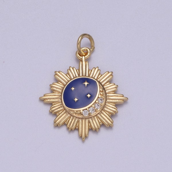 Dainty Sunburst Crescent Moon Stars Medallion w/ Micro CZ Paved Blue Enamel Sky | DIY Charm Piece for Necklace Bracelet Earring | N-919