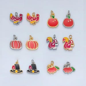 Könnte beinhalten: Sortiment von 10 Anhänger-Anhängern mit Herbstmotiven. Die Anhänger sind aus Metall und mit roter, orangefarbener und grüner Emaille bemalt. Die Anhänger umfassen einen Truthahn, einen Kürbis, ein Eichhörnchen und einen Pilgerhut.