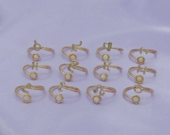 Opal Zodiac Ring Constellation Sign Cubic Zirconia Gold Ring, Astrology Horoscope Ring Birthday Personalized Gift for Her Wife friend R363