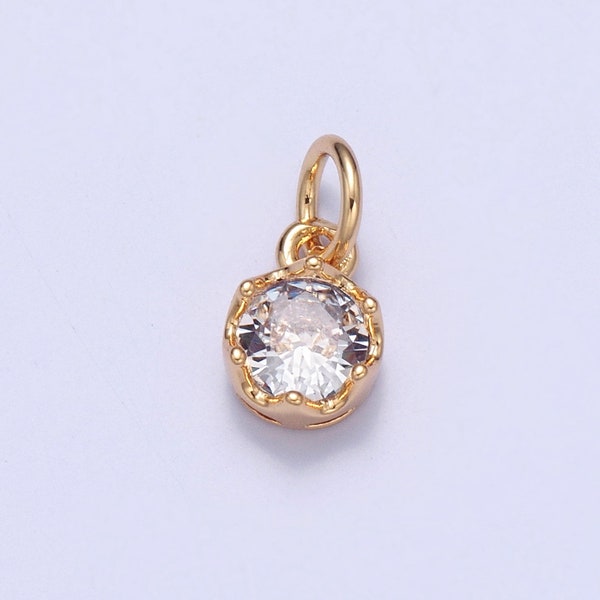 24K Gold Mini Round CZ April Birthstone Pendant Add on Charm Dainty Crystal Cz Stone for Necklace Bracelet Supply | X-101