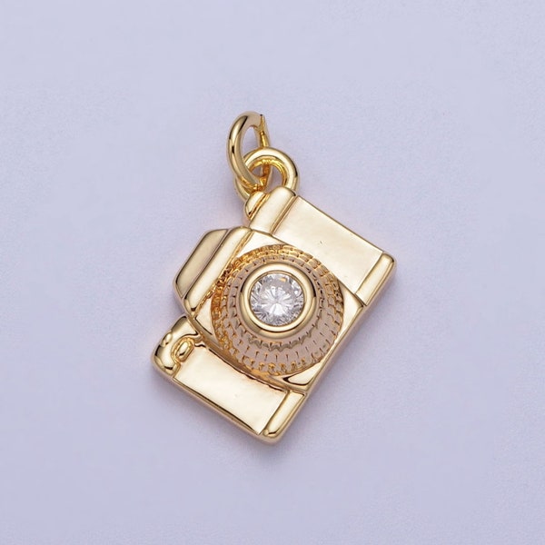 16K Gold Filled Clear Micro Paved CZ Dainty Camera Photography Pendant | N-151