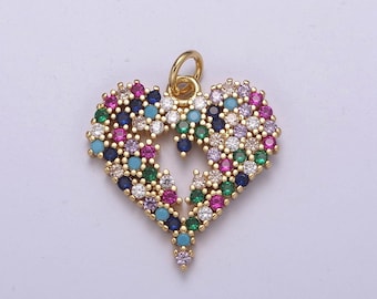 Gold heart charm micro pave love charm, rainbow cubic charms, cz gold colorful charm, dainty minimalist jewelry supply c-200
