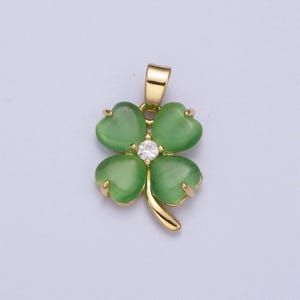 Gold cz jade green four-leaf clover pendant, 24k gold plated fern green jade hearts w. clear micro paved cz crystals charm | x-674