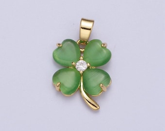 Gold cz jade green four-leaf clover pendant, 24k gold plated fern green jade hearts w. clear micro paved cz crystals charm | x-674