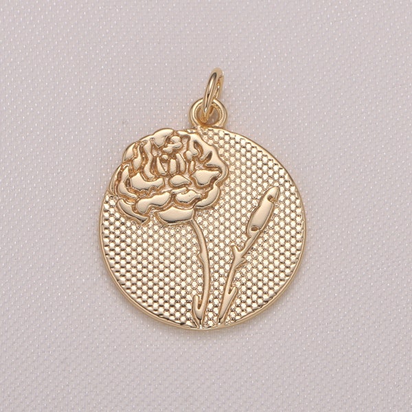Rose Flower Charm- Gold plated over Brass Dainty Floral Medallion Charm Coin Disc Round Pendant for Minimalist Jewelry Supply GP941